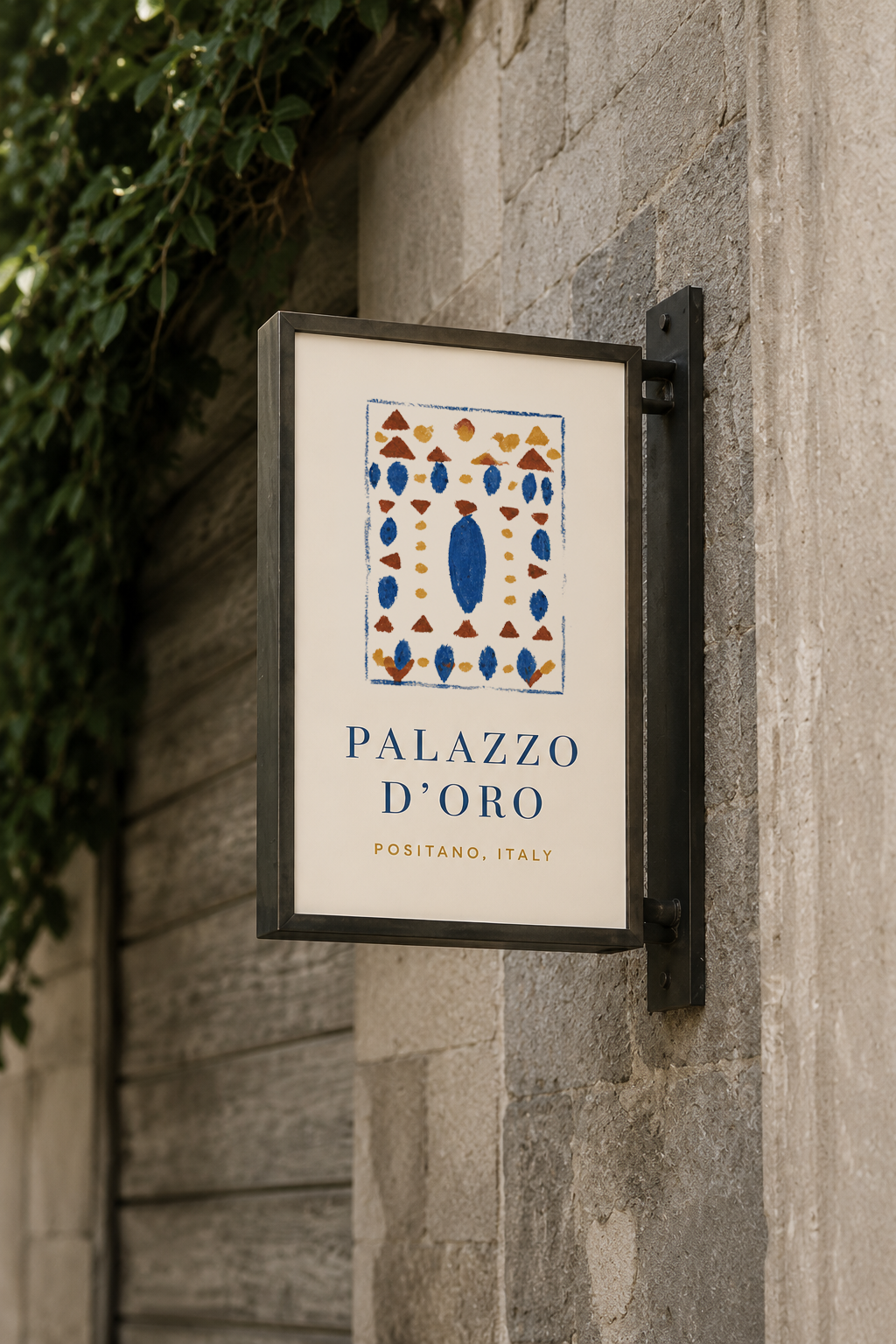 Palazzo D'Oro projecting sign on a stone wall