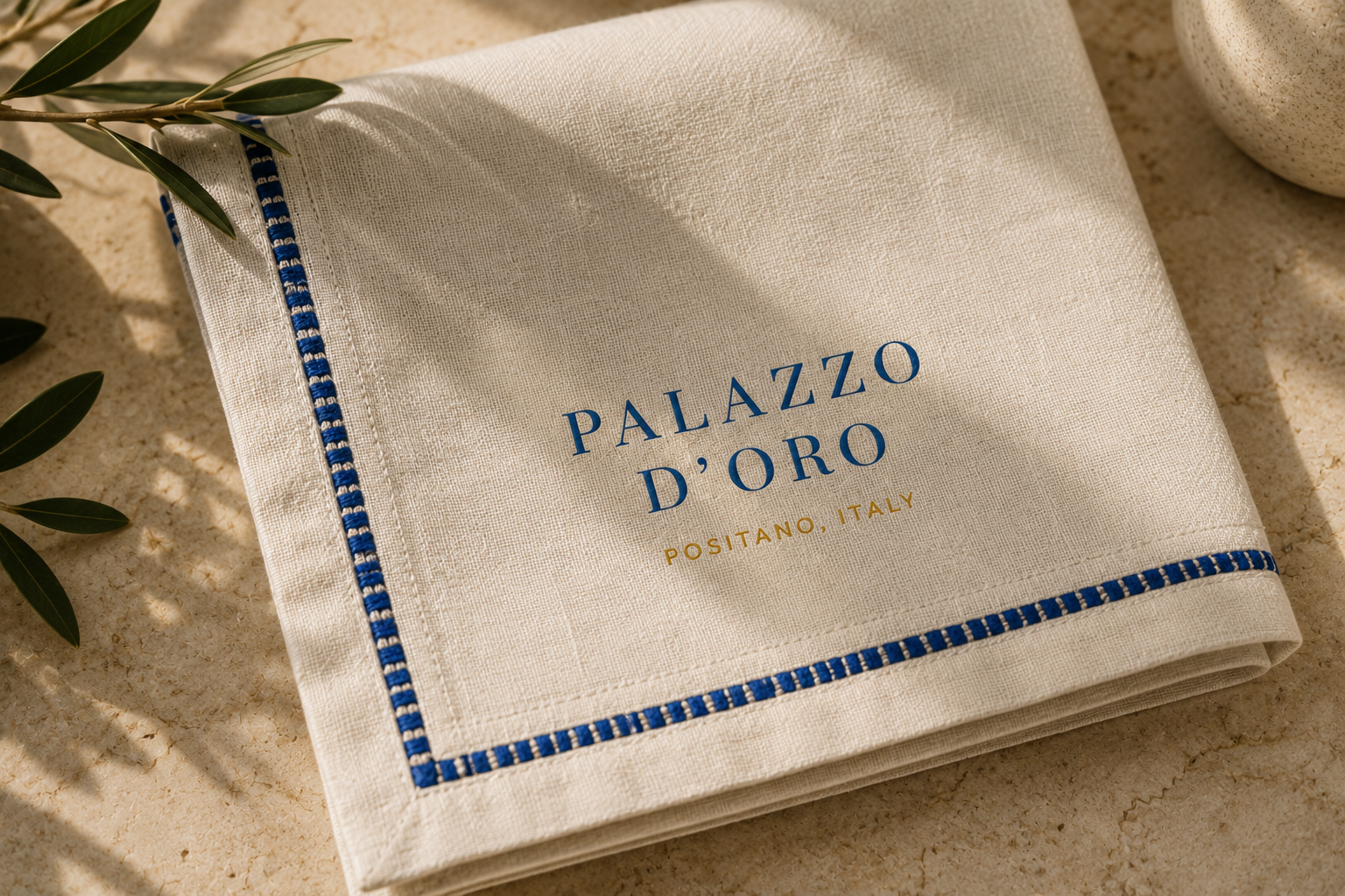 Palazzo D'Oro linen napkin with woven cobalt border
