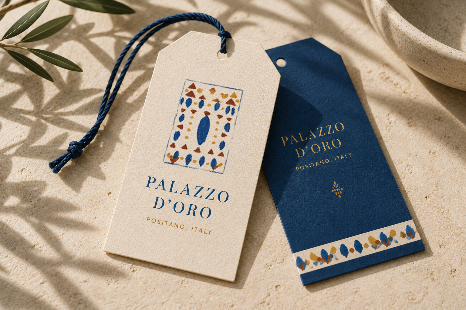 Palazzo D'Oro hang tags in cream and cobalt